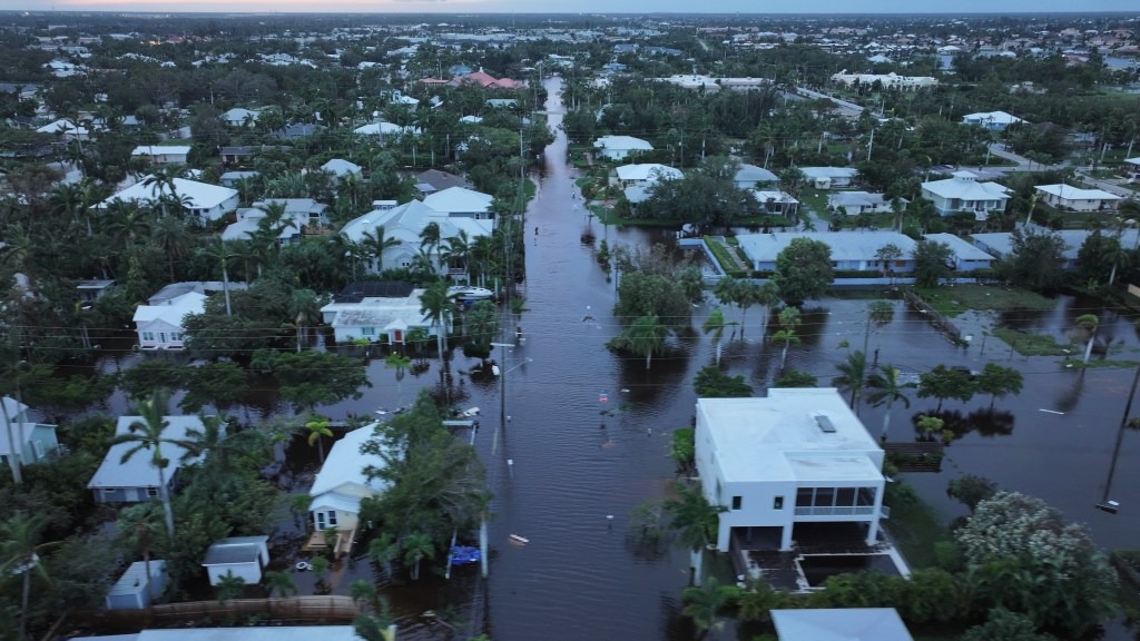 Flood waters inundate a neighborhood after Hurricane Milton came ashore on October 10, 2024, in Punta Gorda, Florida.
