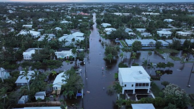 Flood waters inundate a neighborhood after Hurricane Milton came ashore on October 10, 2024, in Punta Gorda, Florida.