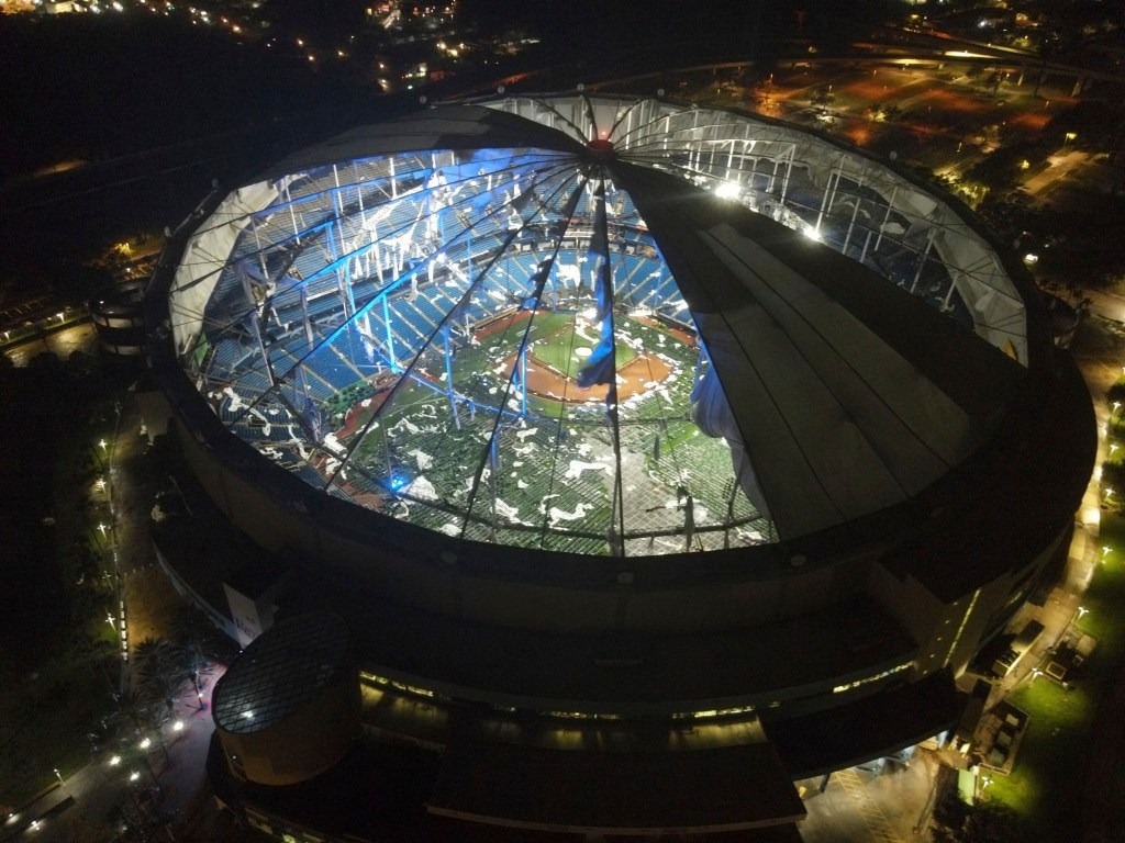 The Tropicana Field, home of the Tampa Bay Rays, show the shredded roof of the dome, Thursday, Oct. 10, 2024 in St. Petersburg.
